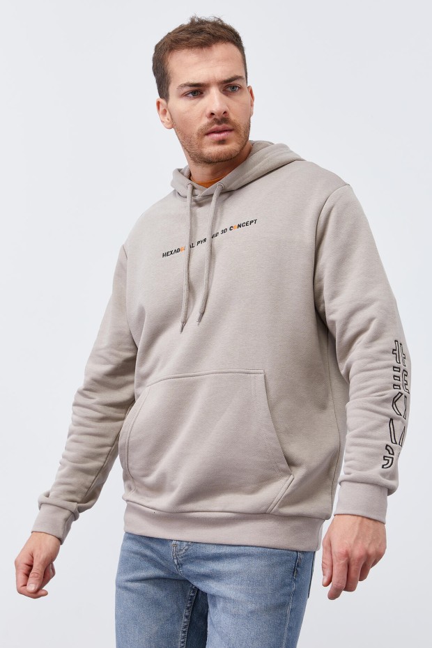 Tommy Life Koyu Bej Kol Baskılı Kapüşonlu Rahat Form Erkek Sweatshirt - 88038. 3