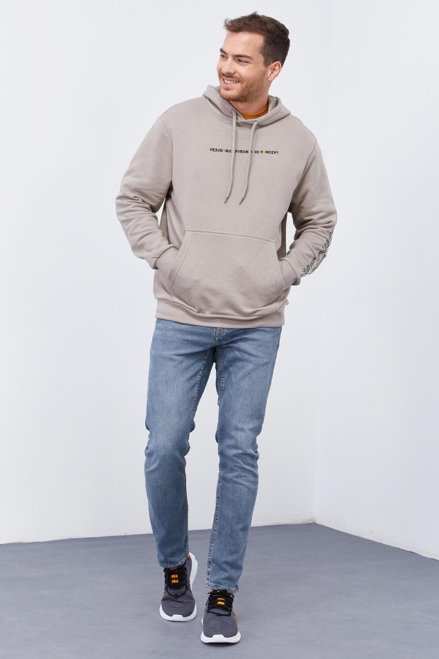 Tommy Life Koyu Bej Kol Baskılı Kapüşonlu Rahat Form Erkek Sweatshirt - 88038. 2