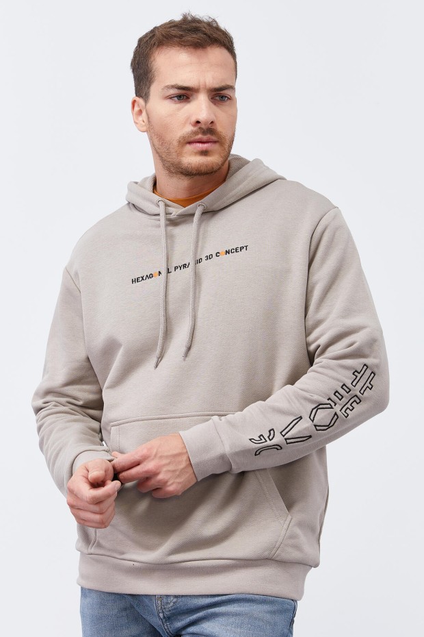 Tommy Life Koyu Bej Kol Baskılı Kapüşonlu Rahat Form Erkek Sweatshirt - 88038. 1 Tommy Life Koyu Bej Kol Baskılı Kapüşonlu Rahat Form Erkek Sweatshirt - 88038. 1