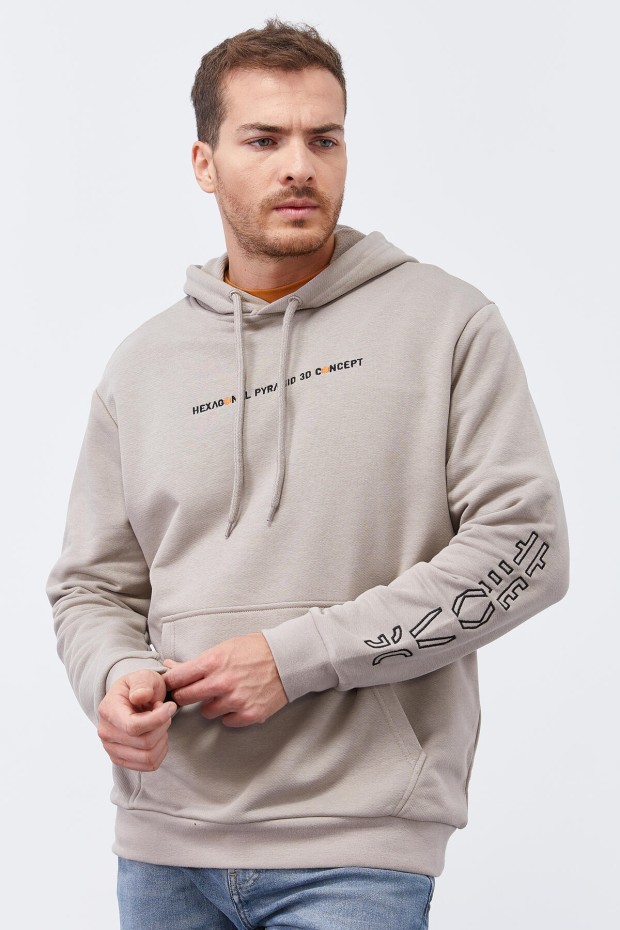 Tommy Life Koyu Bej Kol Baskılı Kapüşonlu Rahat Form Erkek Sweatshirt - 88038. 1