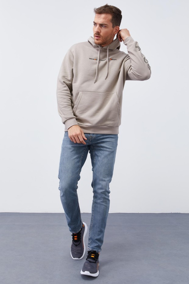 Tommy Life Koyu Bej Kol Baskılı Kapüşonlu Rahat Form Erkek Sweatshirt - 88038. 8