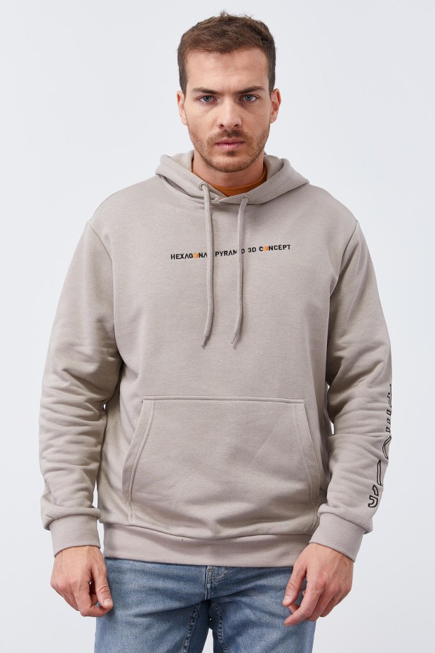 Tommy Life Koyu Bej Kol Baskılı Kapüşonlu Rahat Form Erkek Sweatshirt - 88038. 7 Tommy Life Koyu Bej Kol Baskılı Kapüşonlu Rahat Form Erkek Sweatshirt - 88038. 7
