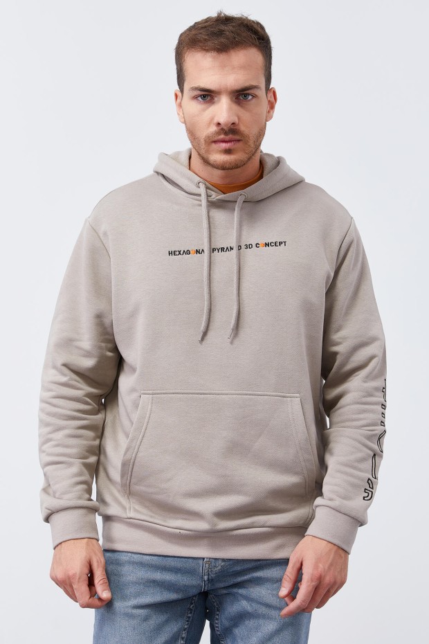 Tommy Life Koyu Bej Kol Baskılı Kapüşonlu Rahat Form Erkek Sweatshirt - 88038. 7