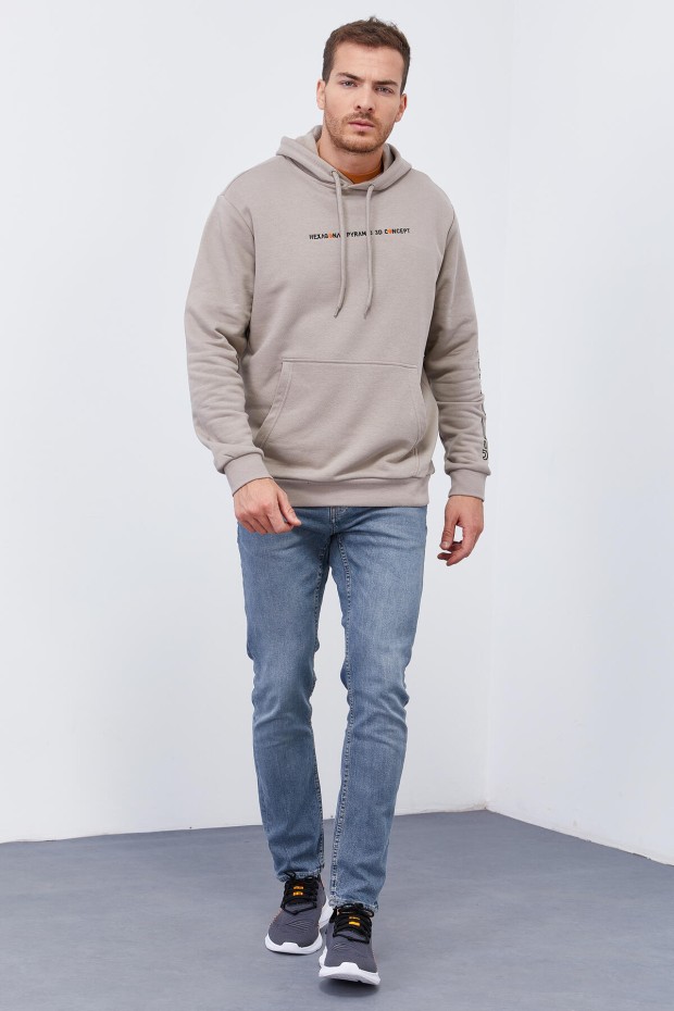 Tommy Life Koyu Bej Kol Baskılı Kapüşonlu Rahat Form Erkek Sweatshirt - 88038. 6