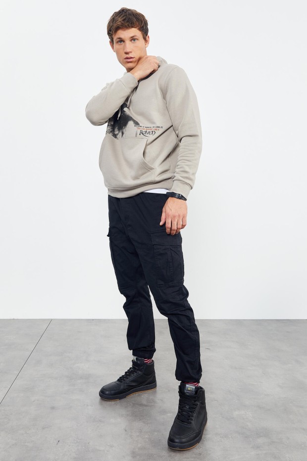 Tommy Life Koyu Bej Kuzgun Baskılı Kapüşonlu Kanguru Cepli Rahat Form Erkek Sweatshirt - 88014. 2 Tommy Life Koyu Bej Kuzgun Baskılı Kapüşonlu Kanguru Cepli Rahat Form Erkek Sweatshirt - 88014. 2