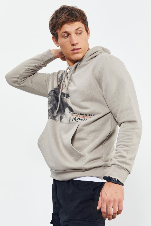 Tommy Life Koyu Bej Kuzgun Baskılı Kapüşonlu Kanguru Cepli Rahat Form Erkek Sweatshirt - 88014. 3