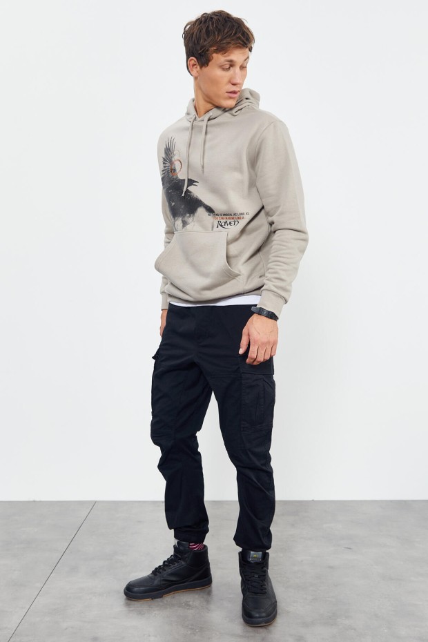 Tommy Life Koyu Bej Kuzgun Baskılı Kapüşonlu Kanguru Cepli Rahat Form Erkek Sweatshirt - 88014. 4 Tommy Life Koyu Bej Kuzgun Baskılı Kapüşonlu Kanguru Cepli Rahat Form Erkek Sweatshirt - 88014. 4