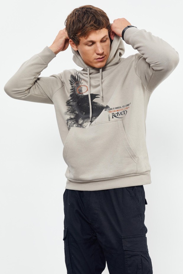 Tommy Life Koyu Bej Kuzgun Baskılı Kapüşonlu Kanguru Cepli Rahat Form Erkek Sweatshirt - 88014. 5