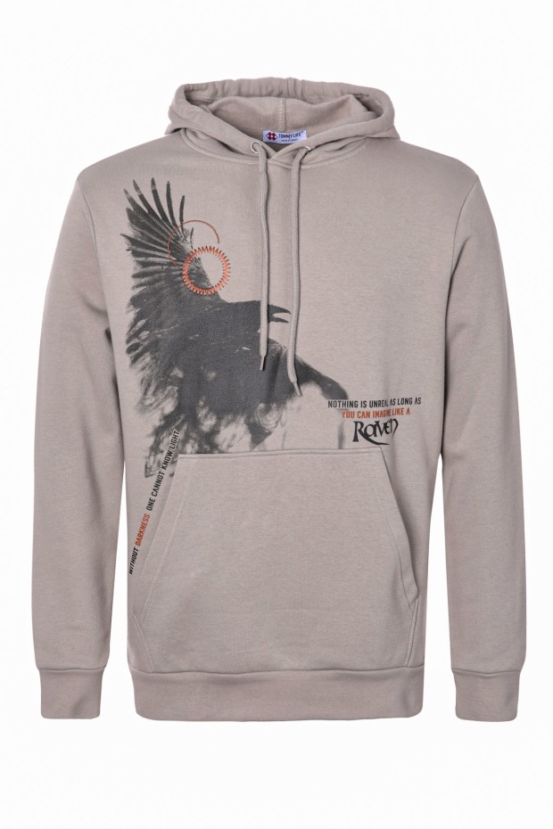 Tommy Life Koyu Bej Kuzgun Baskılı Kapüşonlu Kanguru Cepli Rahat Form Erkek Sweatshirt - 88014. 8 Tommy Life Koyu Bej Kuzgun Baskılı Kapüşonlu Kanguru Cepli Rahat Form Erkek Sweatshirt - 88014. 8