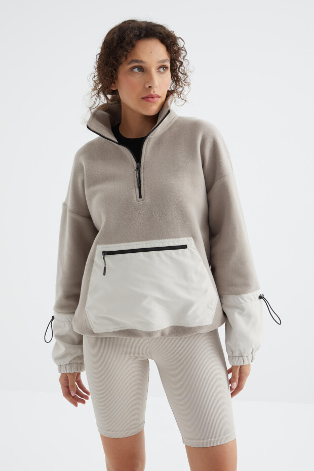 Koyu Bej Etek Ucu Büzgülü Yarım Fermuarlı Oversize Kadın Polar Sweatshirt - 97238 - 2