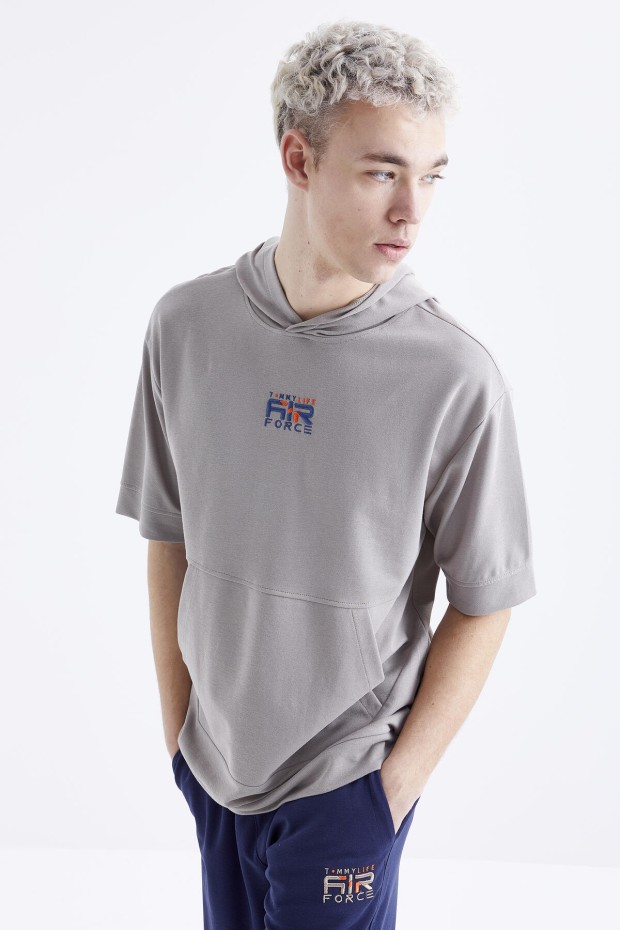 Tommy Life Koyu Bej - İndigo Nakışlı Kapüşonlu Kanguru Cep Oversize Erkek Şort Takım - 85166. 3 Tommy Life Koyu Bej - İndigo Nakışlı Kapüşonlu Kanguru Cep Oversize Erkek Şort Takım - 85166. 3