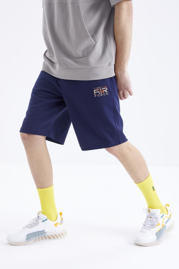 Tommy Life Koyu Bej - İndigo Nakışlı Kapüşonlu Kanguru Cep Oversize Erkek Şort Takım - 85166. 8 Tommy Life Koyu Bej - İndigo Nakışlı Kapüşonlu Kanguru Cep Oversize Erkek Şort Takım - 85166. 8