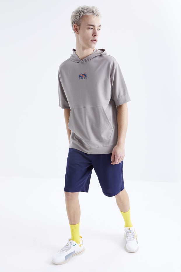 Tommy Life Koyu Bej - İndigo Nakışlı Kapüşonlu Kanguru Cep Oversize Erkek Şort Takım - 85166. 7 Tommy Life Koyu Bej - İndigo Nakışlı Kapüşonlu Kanguru Cep Oversize Erkek Şort Takım - 85166. 7