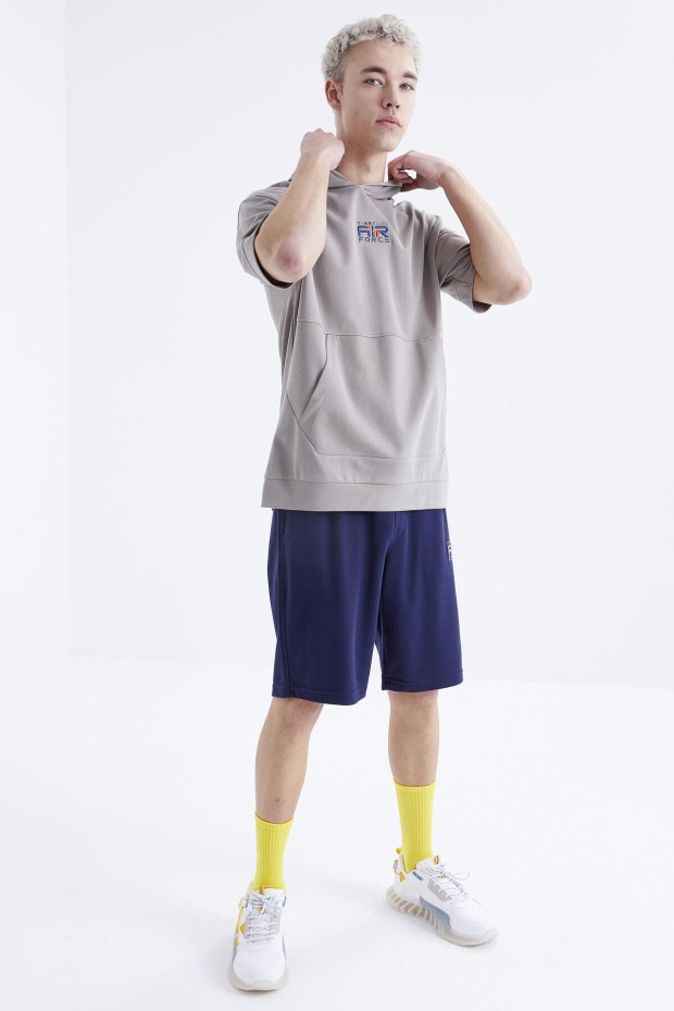 Tommy Life Koyu Bej - İndigo Nakışlı Kapüşonlu Kanguru Cep Oversize Erkek Şort Takım - 85166. 6 Tommy Life Koyu Bej - İndigo Nakışlı Kapüşonlu Kanguru Cep Oversize Erkek Şort Takım - 85166. 6