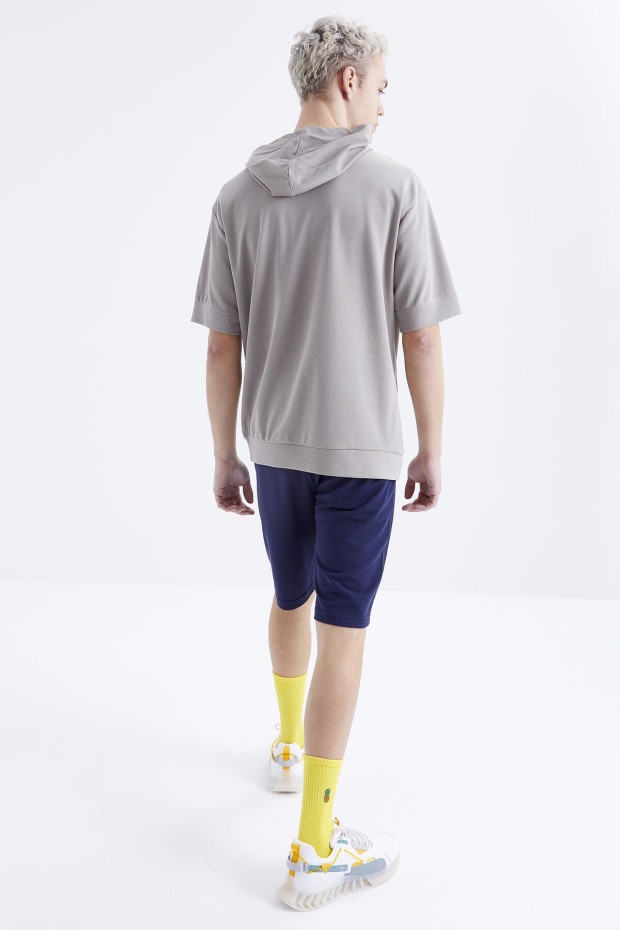 Tommy Life Koyu Bej - İndigo Nakışlı Kapüşonlu Kanguru Cep Oversize Erkek Şort Takım - 85166. 5 Tommy Life Koyu Bej - İndigo Nakışlı Kapüşonlu Kanguru Cep Oversize Erkek Şort Takım - 85166. 5