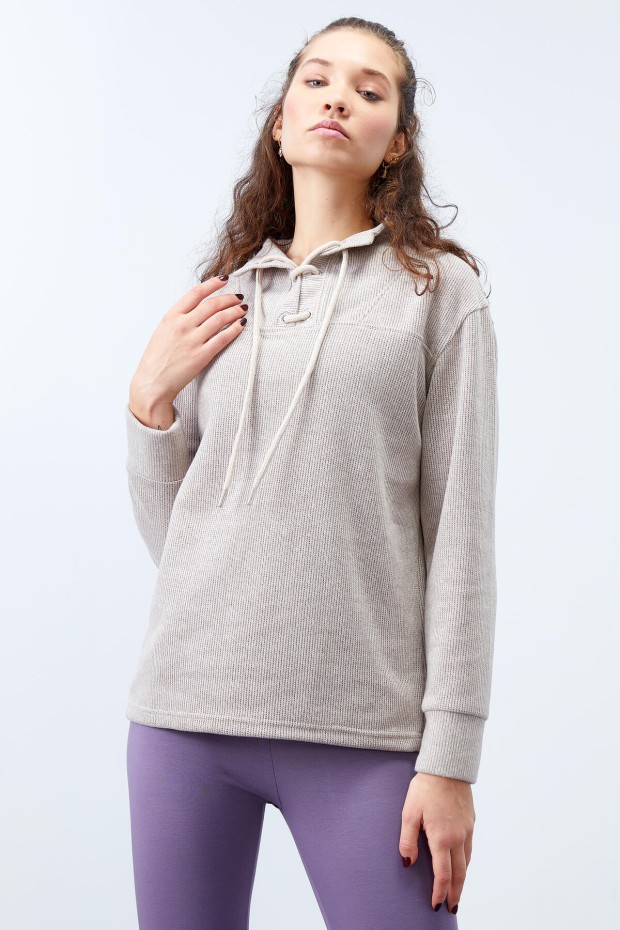 Tommy Life Koyu Bej Bağcıklı Dik Yaka Selanik Triko Kadın Oversize Sweatshirt - 97198. 6 Tommy Life Koyu Bej Bağcıklı Dik Yaka Selanik Triko Kadın Oversize Sweatshirt - 97198. 6