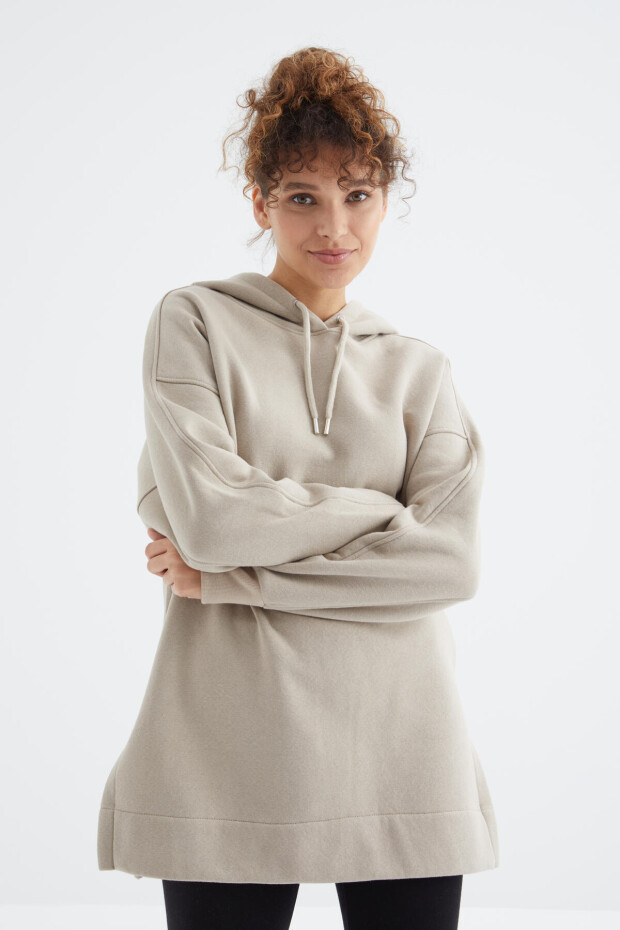 Koyu Bej Reglan Kol Basic Kapüşonlu Oversize Sweatshirt Tunik - 97242 - 1