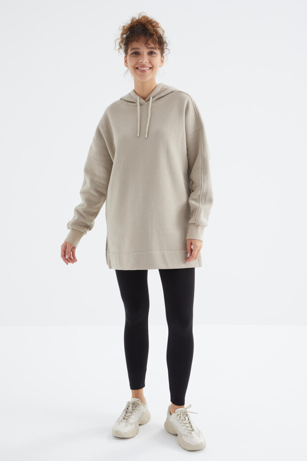 Koyu Bej Reglan Kol Basic Kapüşonlu Oversize Sweatshirt Tunik - 97242 - 2