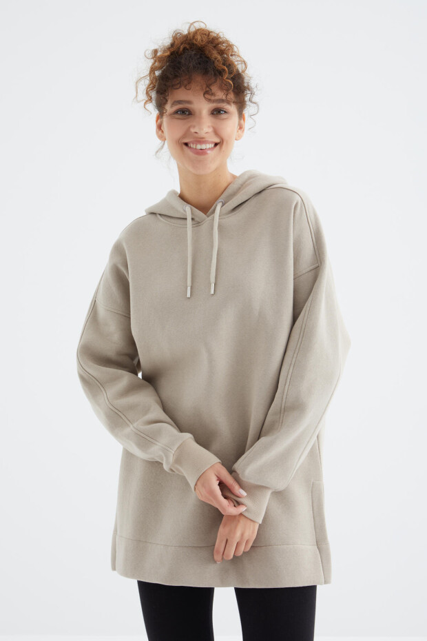 Koyu Bej Reglan Kol Basic Kapüşonlu Oversize Sweatshirt Tunik - 97242 - 3