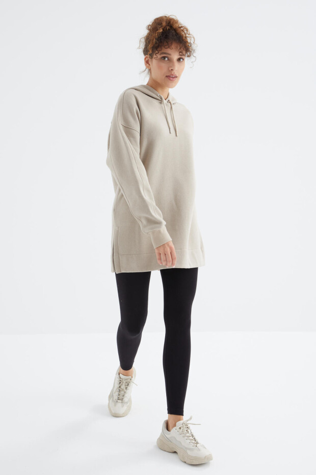 Koyu Bej Reglan Kol Basic Kapüşonlu Oversize Sweatshirt Tunik - 97242 - 4