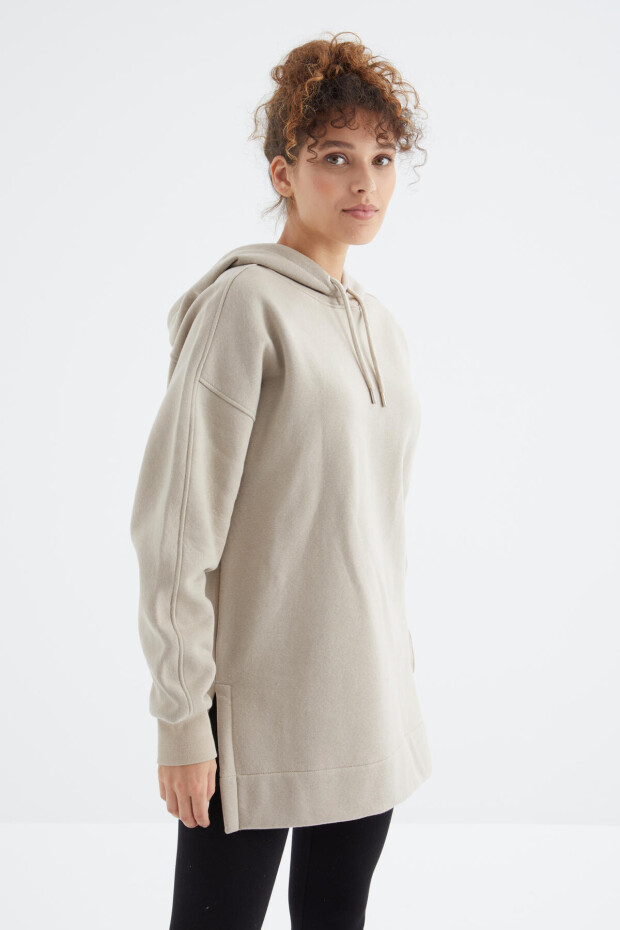 Koyu Bej Reglan Kol Basic Kapüşonlu Oversize Sweatshirt Tunik - 97242 - 5