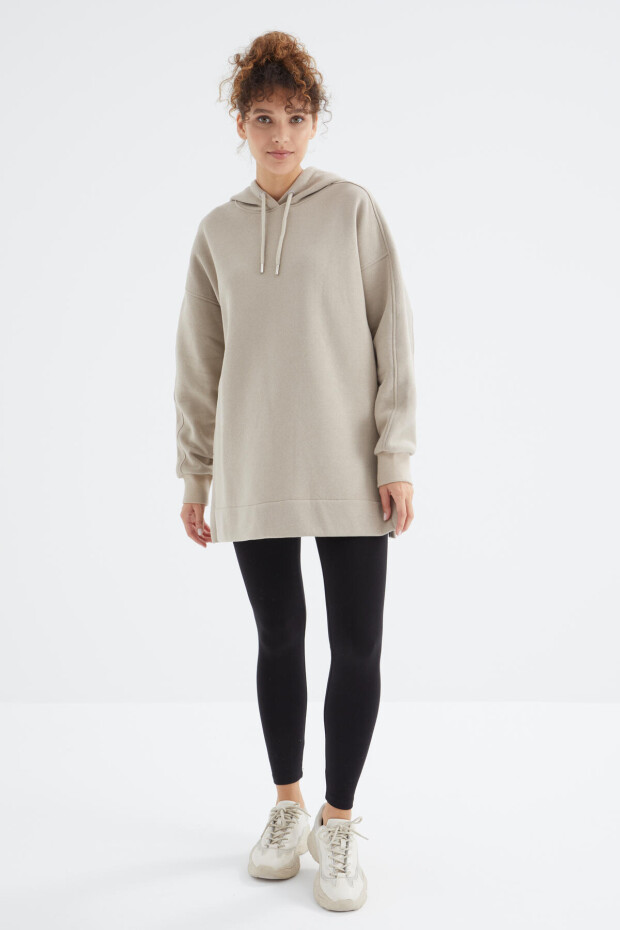 Koyu Bej Reglan Kol Basic Kapüşonlu Oversize Sweatshirt Tunik - 97242 - 6
