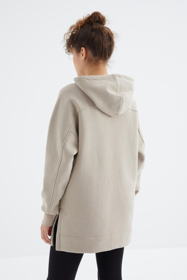Koyu Bej Reglan Kol Basic Kapüşonlu Oversize Sweatshirt Tunik - 97242 - 8
