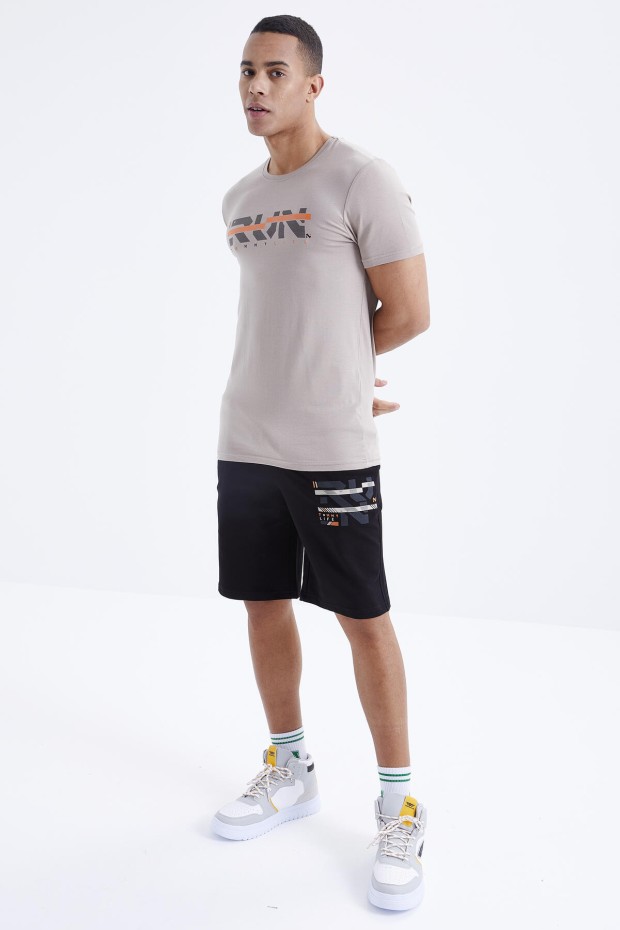 Tommy Life Koyu Bej - Siyah Yazı Baskılı O Yaka Bermuda Erkek Şort Takım - 85167. 5 Tommy Life Koyu Bej - Siyah Yazı Baskılı O Yaka Bermuda Erkek Şort Takım - 85167. 5