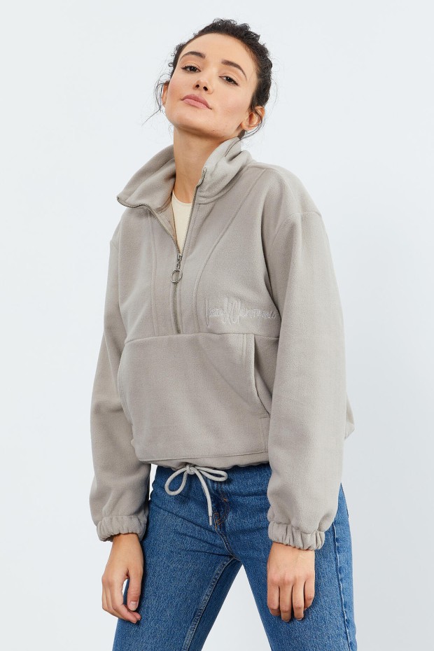 Koyu Bej Yarım Fermuar Etek Ucu Büzgülü Kadın Polar Oversize Sweatshirt - 97171 - 1