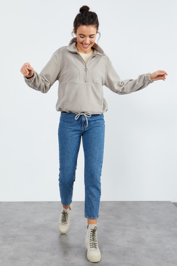 Koyu Bej Yarım Fermuar Etek Ucu Büzgülü Kadın Polar Oversize Sweatshirt - 97171 - 2