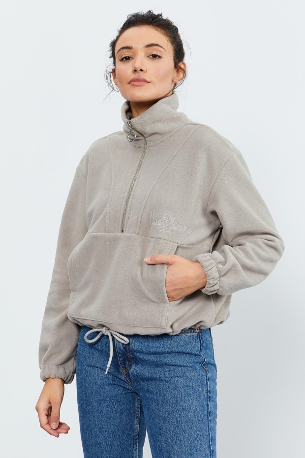 Koyu Bej Yarım Fermuar Etek Ucu Büzgülü Kadın Polar Oversize Sweatshirt - 97171 - 5