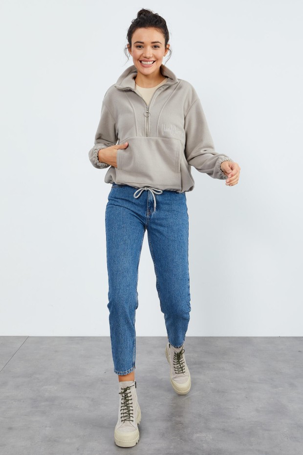 Koyu Bej Yarım Fermuar Etek Ucu Büzgülü Kadın Polar Oversize Sweatshirt - 97171 - 6