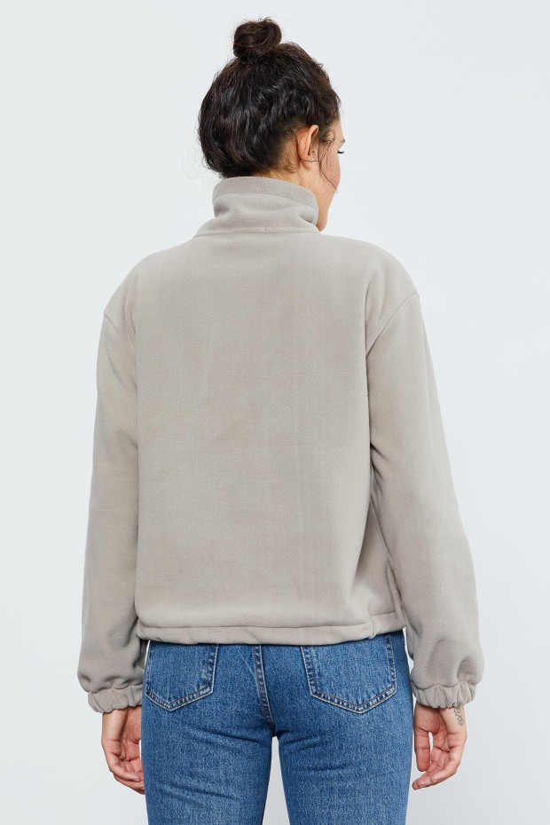 Koyu Bej Yarım Fermuar Etek Ucu Büzgülü Kadın Polar Oversize Sweatshirt - 97171 - 7