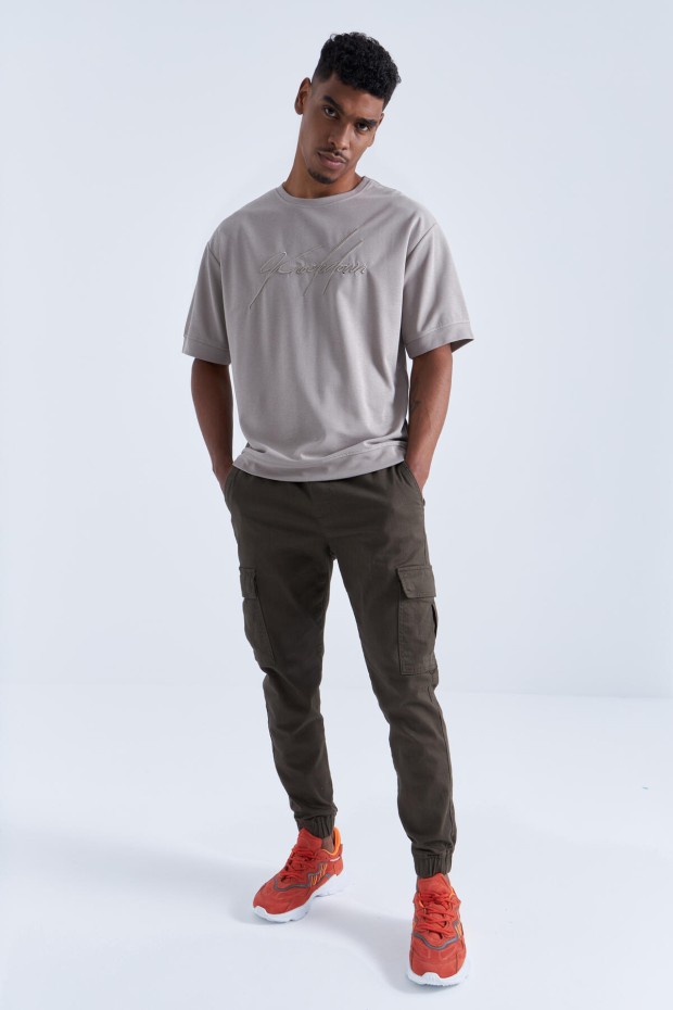 Tommy Life Koyu Bej Yazı Nakışlı O Yaka Erkek Oversize T-Shirt - 88102. 2 Tommy Life Koyu Bej Yazı Nakışlı O Yaka Erkek Oversize T-Shirt - 88102. 2