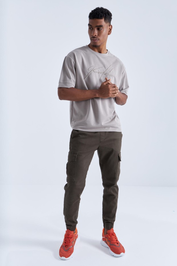 Tommy Life Koyu Bej Yazı Nakışlı O Yaka Erkek Oversize T-Shirt - 88102. 7 Tommy Life Koyu Bej Yazı Nakışlı O Yaka Erkek Oversize T-Shirt - 88102. 7