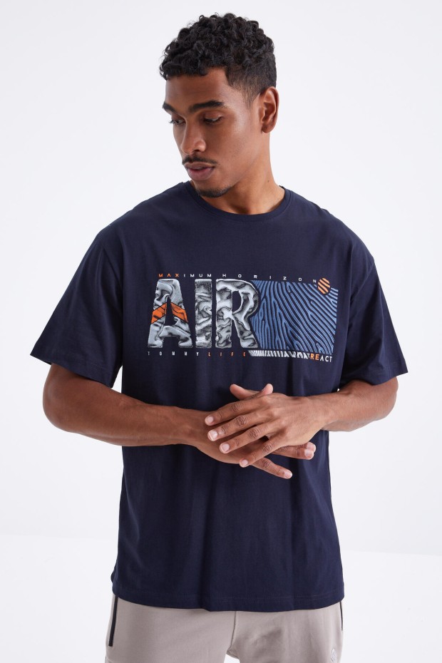 Tommy Life Lacivert Air Baskılı O Yaka Erkek Oversize T-Shirt - 88097. 3