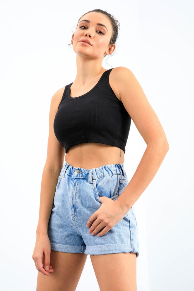 Lacivert Basic Sıfır Kol Dar Kalıp U Yaka Kadın Crop Top Atlet - 97162 - 2