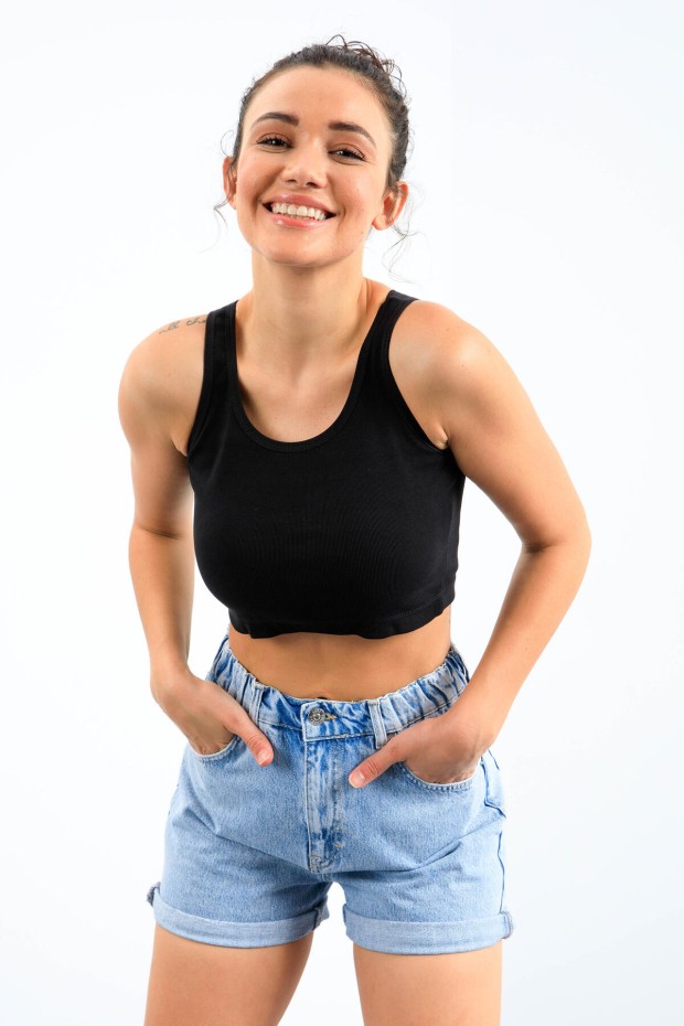 Lacivert Basic Sıfır Kol Dar Kalıp U Yaka Kadın Crop Top Atlet - 97162 - 4
