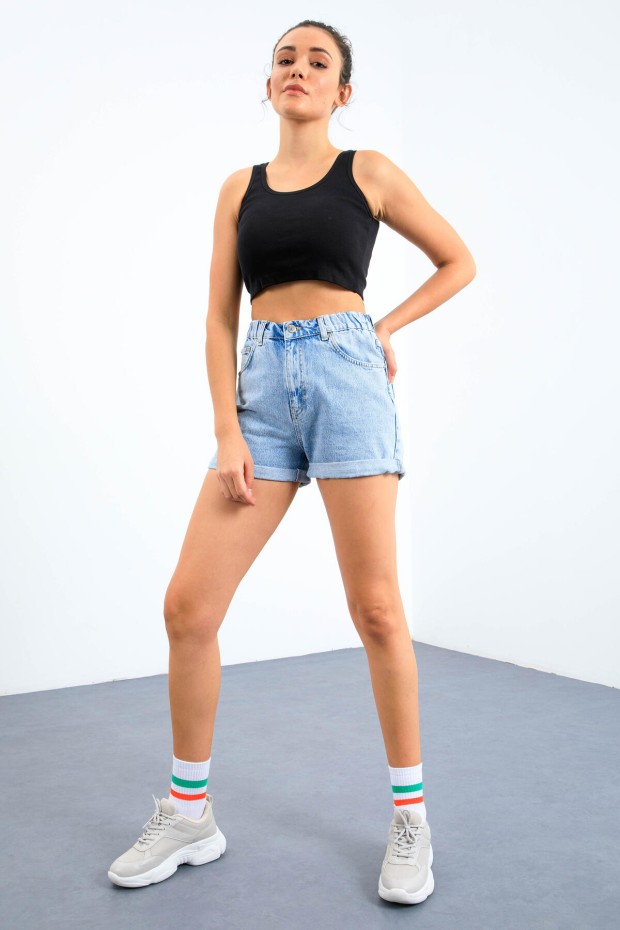 Lacivert Basic Sıfır Kol Dar Kalıp U Yaka Kadın Crop Top Atlet - 97162 - 7