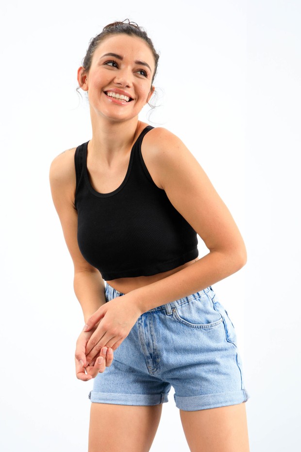Lacivert Basic Sıfır Kol Dar Kalıp U Yaka Kadın Crop Top Atlet - 97162 - 8