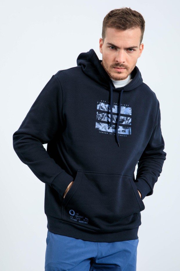 Tommy Life Lacivert Kaplan Baskılı Kapüşonlu Rahat Form Erkek Sweatshirt - 88036. 1