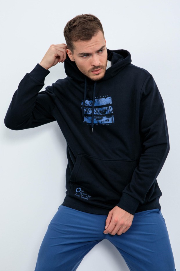 Tommy Life Lacivert Kaplan Baskılı Kapüşonlu Rahat Form Erkek Sweatshirt - 88036. 2