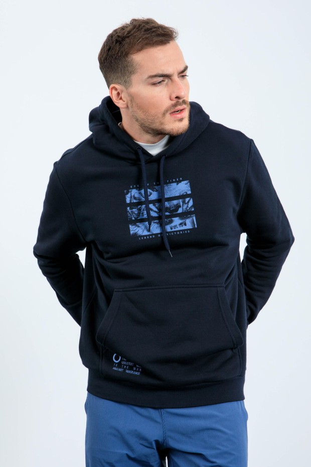 Tommy Life Lacivert Kaplan Baskılı Kapüşonlu Rahat Form Erkek Sweatshirt - 88036. 5