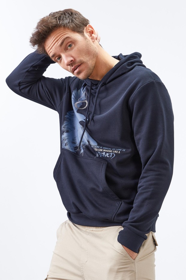 Tommy Life Lacivert Kuzgun Baskılı Kapüşonlu Kanguru Cepli Rahat Form Erkek Sweatshirt - 88014. 1 Tommy Life Lacivert Kuzgun Baskılı Kapüşonlu Kanguru Cepli Rahat Form Erkek Sweatshirt - 88014. 1