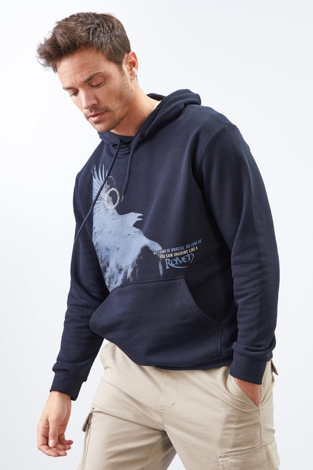 Tommy Life Lacivert Kuzgun Baskılı Kapüşonlu Kanguru Cepli Rahat Form Erkek Sweatshirt - 88014. 3 Tommy Life Lacivert Kuzgun Baskılı Kapüşonlu Kanguru Cepli Rahat Form Erkek Sweatshirt - 88014. 3