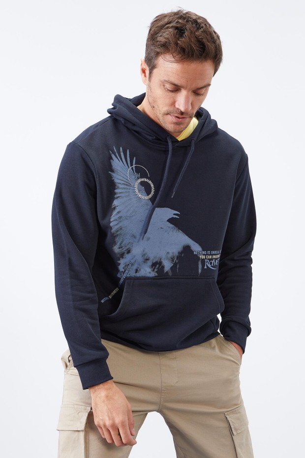Tommy Life Lacivert Kuzgun Baskılı Kapüşonlu Kanguru Cepli Rahat Form Erkek Sweatshirt - 88014. 6 Tommy Life Lacivert Kuzgun Baskılı Kapüşonlu Kanguru Cepli Rahat Form Erkek Sweatshirt - 88014. 6