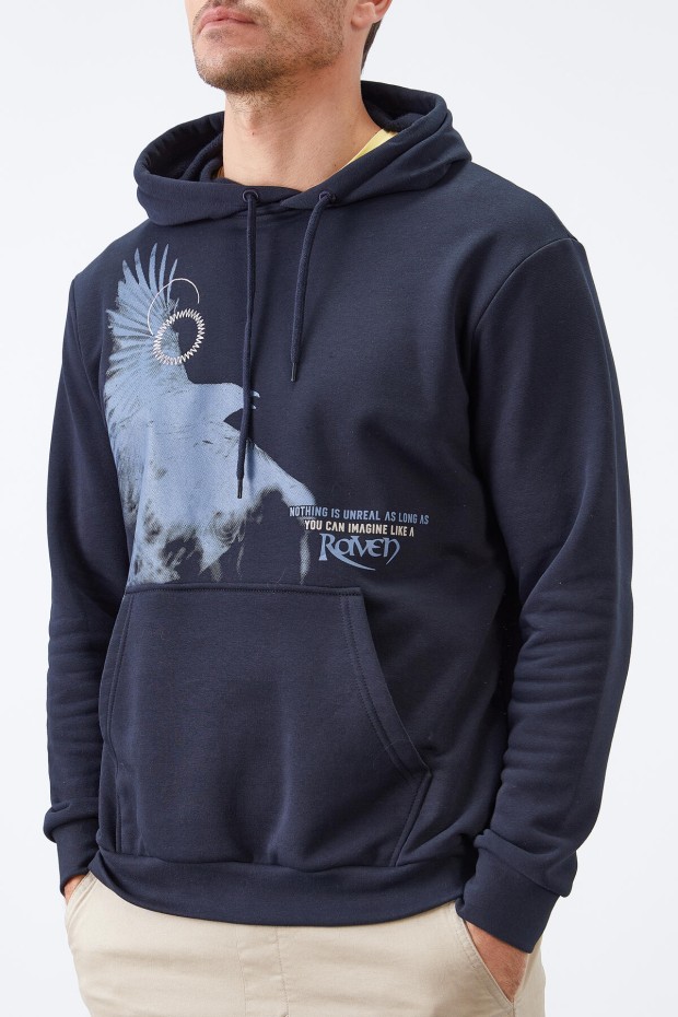 Tommy Life Lacivert Kuzgun Baskılı Kapüşonlu Kanguru Cepli Rahat Form Erkek Sweatshirt - 88014. 4