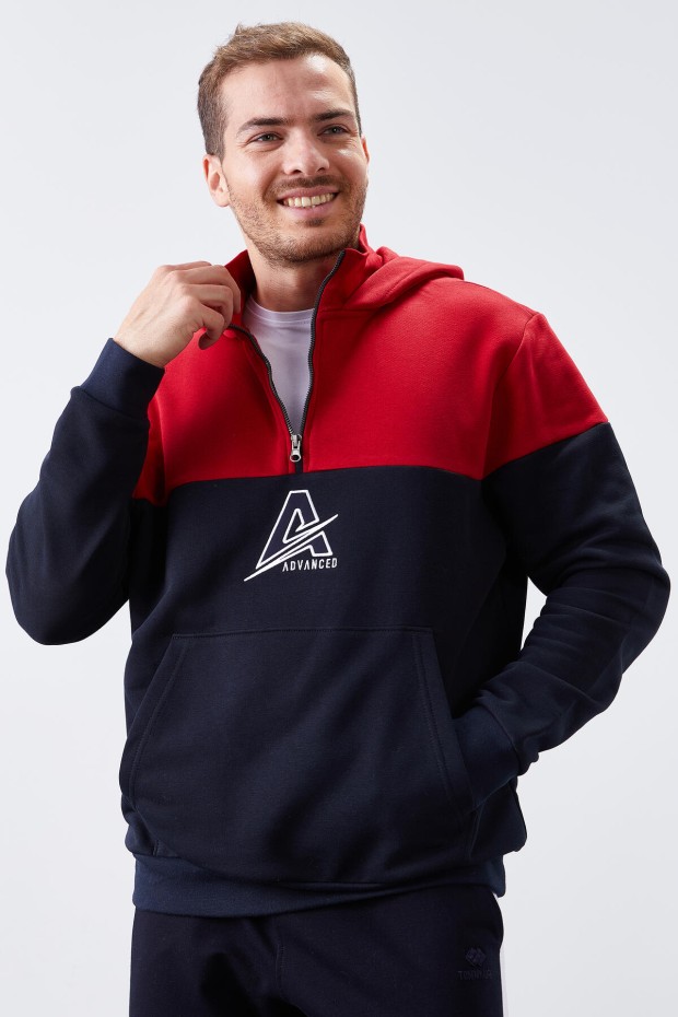 Tommy Life Lacivert Nakış Detaylı Yarım Fermuar Kapüşonlu Erkek Sweatshirt - 88033. 3