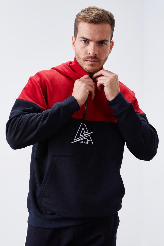 Tommy Life Lacivert Nakış Detaylı Yarım Fermuar Kapüşonlu Erkek Sweatshirt - 88033. 1