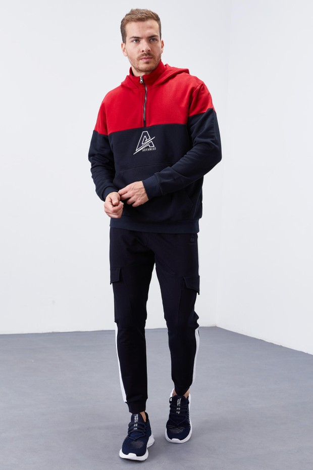 Tommy Life Lacivert Nakış Detaylı Yarım Fermuar Kapüşonlu Erkek Sweatshirt - 88033. 7